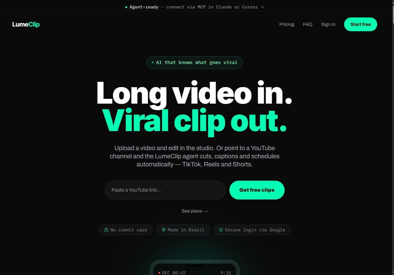 Página inicial do LumeClip: vídeo longo entra, clipe viral sai